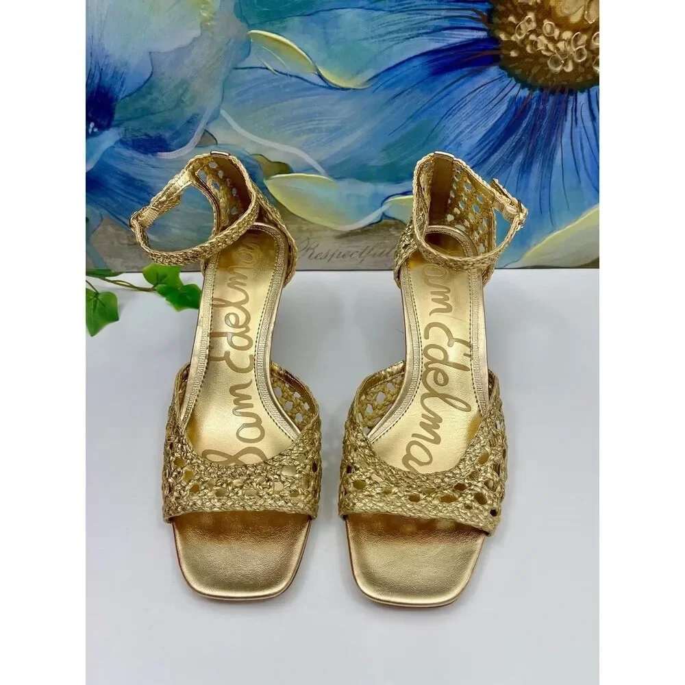 New Sam Edelman Gold Woven Kitten Heels Metallic Strappy Square Toe Sandals 8.5